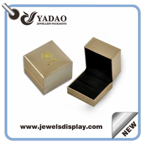 Wholesale custom plastic wrapped with leather with gold hot stamping logo and black velvet insert rose gold leatherette paper ring box
