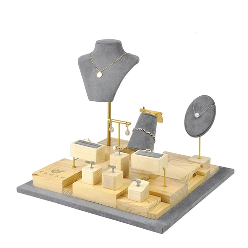 China Yadao high-end earring necklace holder customize luxury gray gold drawing lines pu leather jewelry display stand sets manufacturer