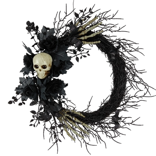 China Senmasine 24 inch zwarte Halloween-krans met skelethoofden Handglitter Zwarte dode takken Kunstrozenbloemen fabrikant