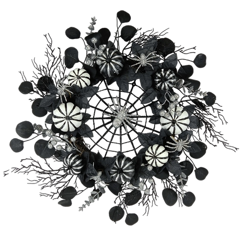 China Senmasine 26 Inch Halloween Wreath Black with Spider Web Dead Branches Glitter Silver Berries Pumpkin manufacturer