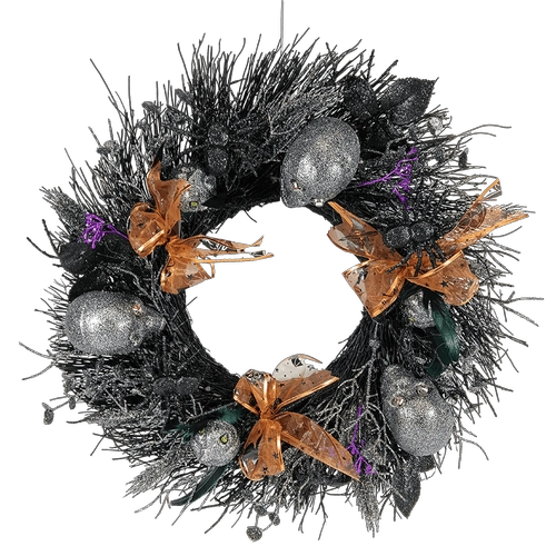 China Senmasine 26 Inch Skeleton Heads Halloween Wreath with Glitter Leaves Orange Bows Black Spider manufacturer