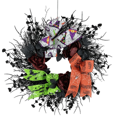 Senmasine Ghirlanda di nastri di Halloween da 22 pollici con grandi fiori di rose artificiali Ramo morto nero