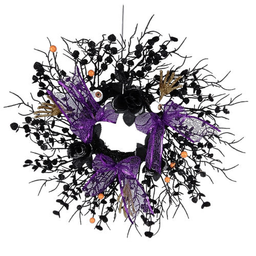 Senmasine Ghirlanda nera di Halloween da 22 pollici con mano scheletrica di fiori di rosa artificiale con fiocco viola glitterato