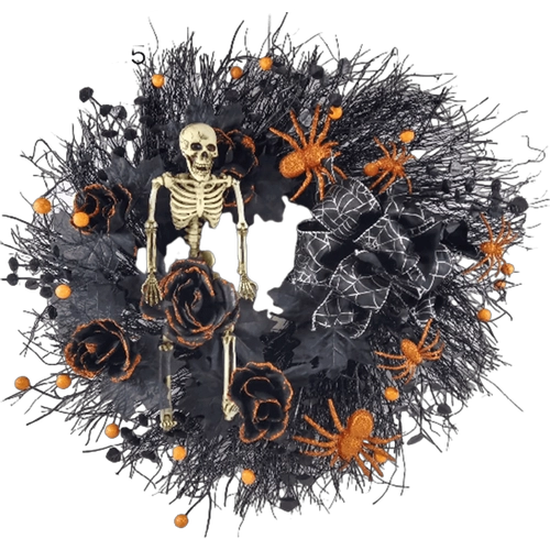 China Senmasine 24 inch Halloween skeletkrans met glitterspin kunstmatige rozenbloemen zwarte strik oranje bessen fabrikant