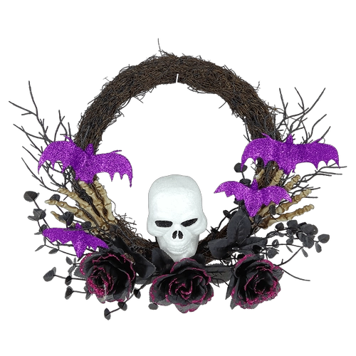 Senmasine Ghirlanda con testa di scheletro di Halloween da 24 pollici con fiori di rose artificiali di ragno glitterato