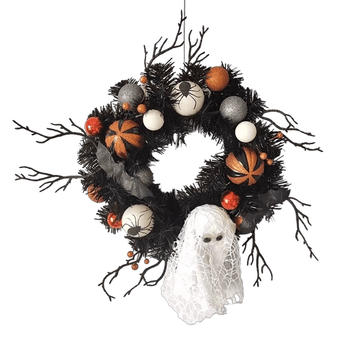 Senmasine Ghirlanda di fantasmi di Halloween da 18 pollici con rami artificiali in PVC decorazioni per feste con ragni glitterati