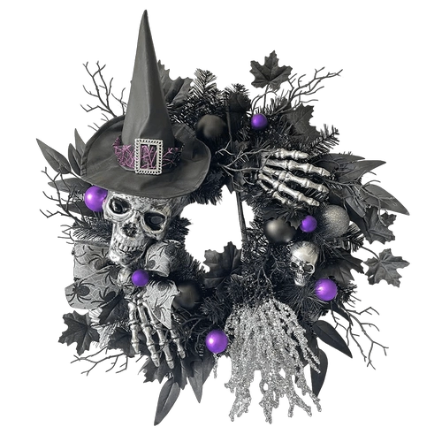 China Senmasine 24 inch Halloween-krans met zwarte spinboog Streepbenen Glitterbezem Spookachtig eng skelethoofd Handheksenhoed fabrikant
