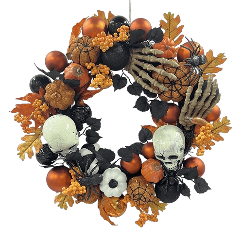 Senmasine Corona di Halloween da 22 pollici per porta d'ingresso Palline arancioni Bacche Foglie d'acero Glitter Zucca Ragno Testa di scheletro Mano