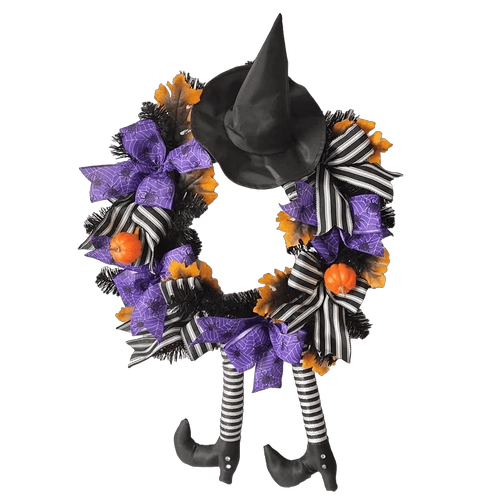 Senmasine 24 Inch Halloween Heksenpoten Voordeur Krans Met Hoed Kunstmatige Esdoornbladeren Pompoen Paarse Spin Patroon Boog