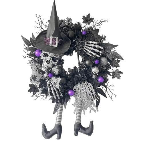 Senmasine 24 inch Halloween heksenpoten krans met spinnenboog glitter bezem griezelig eng skelet hoofd handhoed