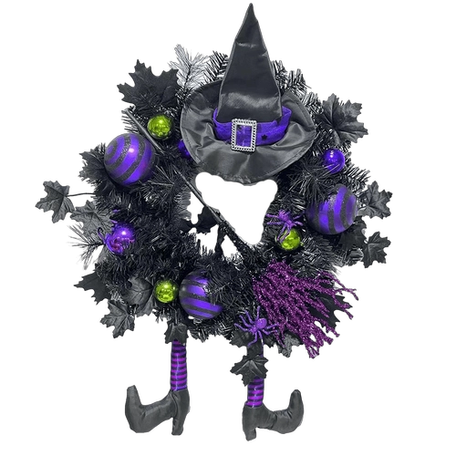 Senmasine 24 Inch Paarse Halloween Heksenkrans met beenhoed Kerstballen Glitter Bezem Opknoping Voordeur Decoratie