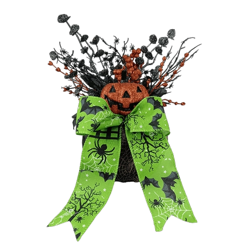 Senmasine Halloween-pompoendecoratie met glitterlintstrikken Kunstmatige zwarte bladeren Takspin