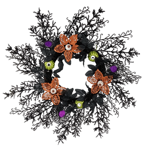 Senmasine Corona di Halloween per porta d'ingresso da 26 pollici per decorazioni sospese Ramo nero Foglie artificiali Occhi spettrali Fiori Zucca