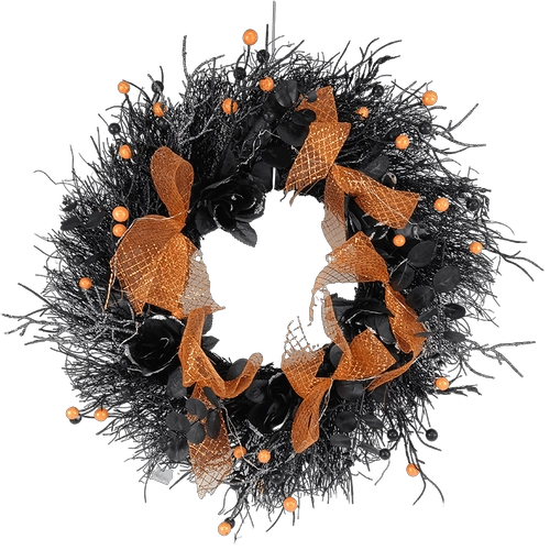 Senmasine Corona da 22 pollici per Halloween Fiori di rosa artificiali neri Ramo morto Foglie Fiocco di nastro arancione