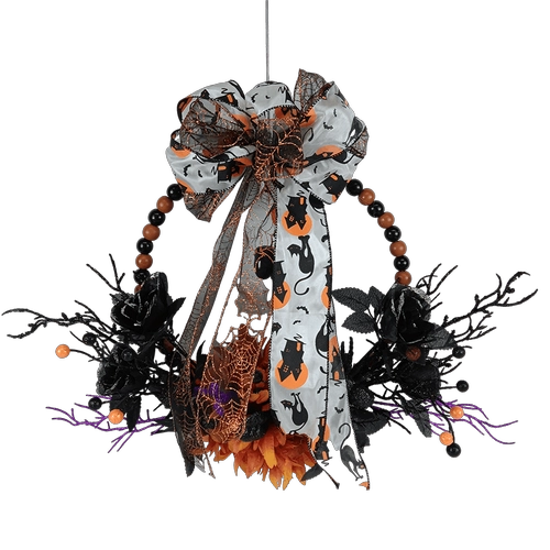 Senmasine Ghirlanda di perline di Halloween da 20 pollici con fiori artificiali Fiocchi di nastro rosa Ramo morto viola nero