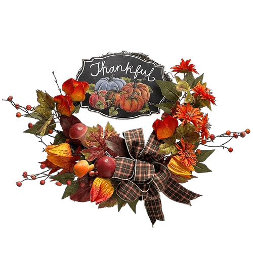 Senmasine 24 Inch Autumn Thanksgiving Wreath With Thankful Sign Artificial Mushroom Flowers Bows Fall Harvest Berries