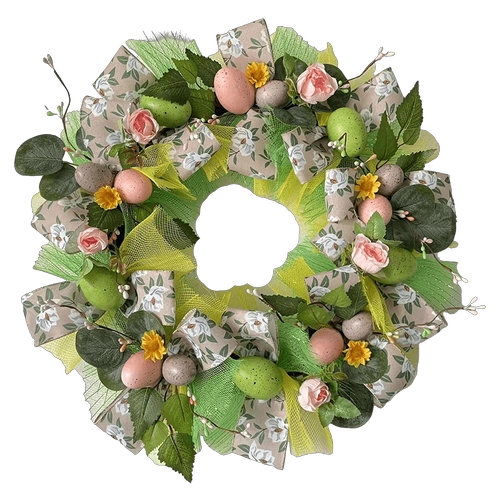 Senmasine huevo Pascua puerta corona decoración con lazos de cinta flores artificiales hojas conejo de Pascua