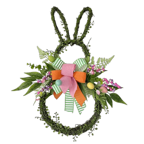 Corona de conejito de Pascua Senmasine con huevos, conejo, lazos de cinta coloridos, flores artificiales, decoración de hojas