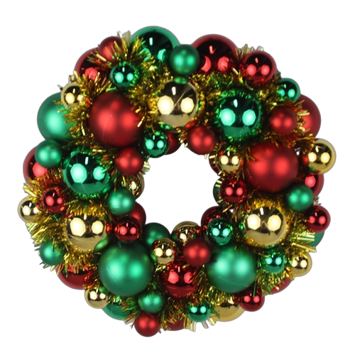 China Senmasine 13 inch ball wreath with tinsel colorful classic red green gold baubles ornaments festival decoration manufacturer