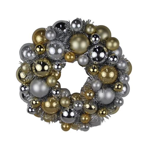 China Senmasine 33cm ball christmas wreath with gold sliver baubles ornaments mixed tinsel door hanging decoration manufacturer