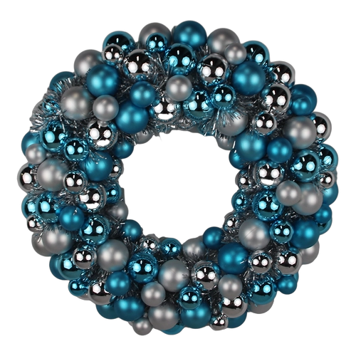 Senmasine 40 cm bal kerstballenkrans met zilveren klatergoud blauwe ornamenten metalen basis voordeur hangend decor