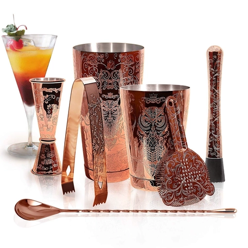 China New Etch Design Plated Copper Food Grade Stainless Steel Cocktail Shaker Set Manufacturer