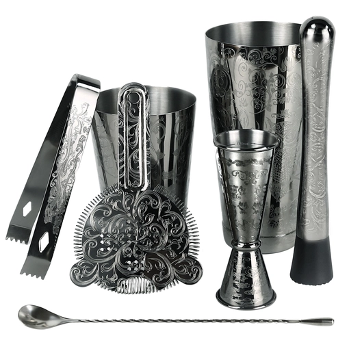 Etching Pattern With Black Plated Finishing Cocktail Mixing shaker Bar tool Set