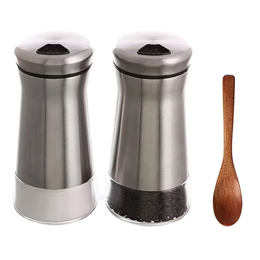 Adjustable Stainless Steel Salt and Pepper Shaker Set with Wooden Spoon