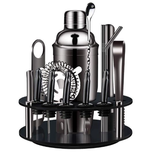 Schwarzes Barkeeper-Set aus Edelstahl mit Ständer