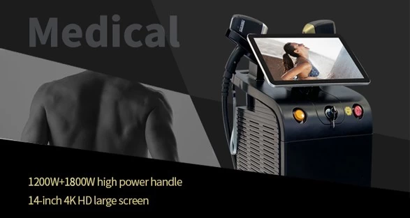 China New medical 1200W+1800W high power diode laser hair removal machine show manufacturer