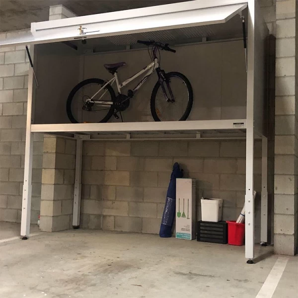 China Armário de armazenamento de estacionamento de garagem ao ar livre de aço branco e preto sobre o bloqueio do capô do carro para bicicletas fabricante