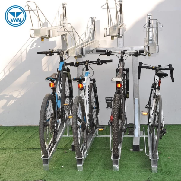 China Duurzame Gegalvaniseerd Steel Hot Sale Double Layers Decker Bicycle Racks fabrikant