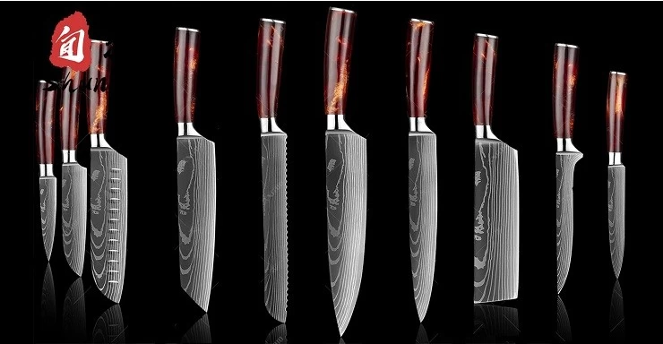 China China factory 10PCS Japanese Damascus Pattern Stainless Steel Resin Handle Kitchen Knife Set manufacturer