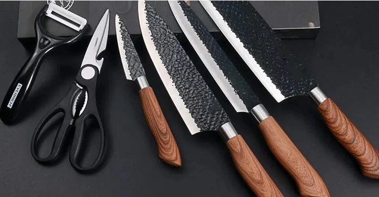 China 6pcs stainless steel kitchen knife set black nonstick forged knives manufacturer manufacturer