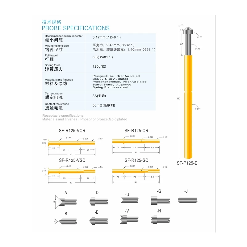 중국 세계적으로 유명한 SFENG SF-P125 스프링 ICT 테스트 핀 제조업체