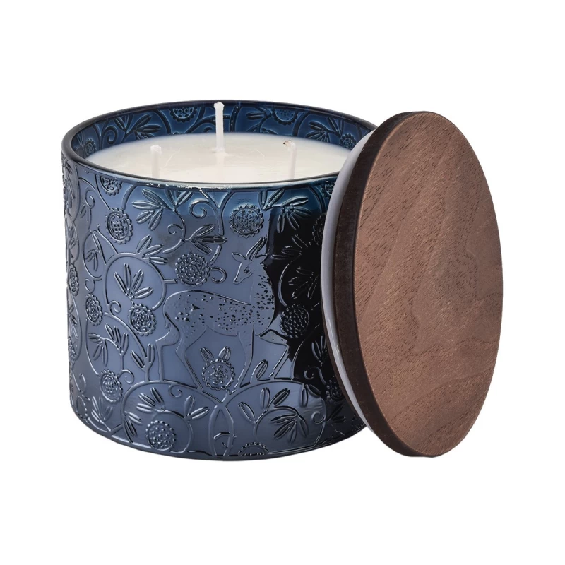 高品质优雅的蓝色鹿纹玻璃蜡烛罐家庭礼物