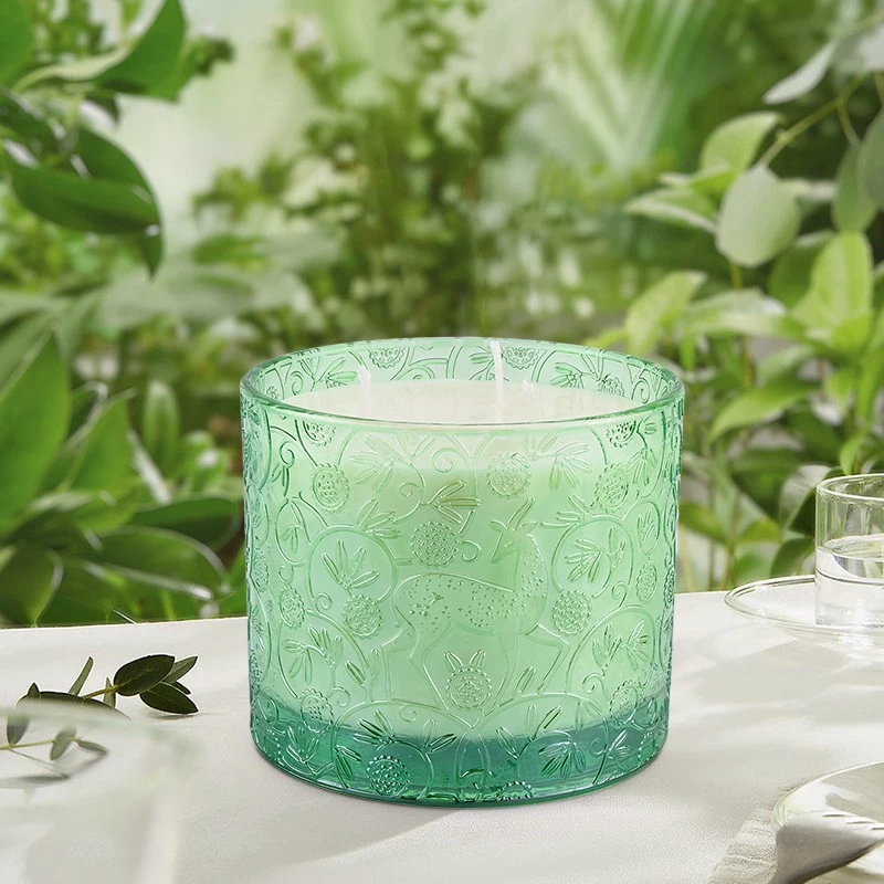 China Wholesale Home Decoration Green Deer Pattern Glass Candle Jar manufacturer
