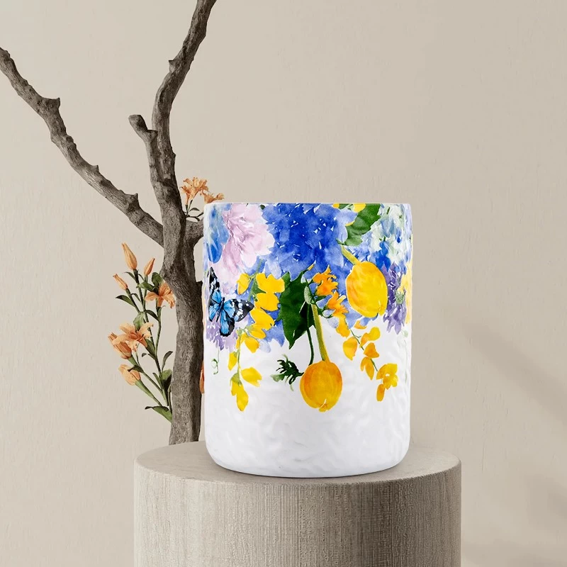 China Custom applique printing ceramic candle jars for home decor wedding manufacturer