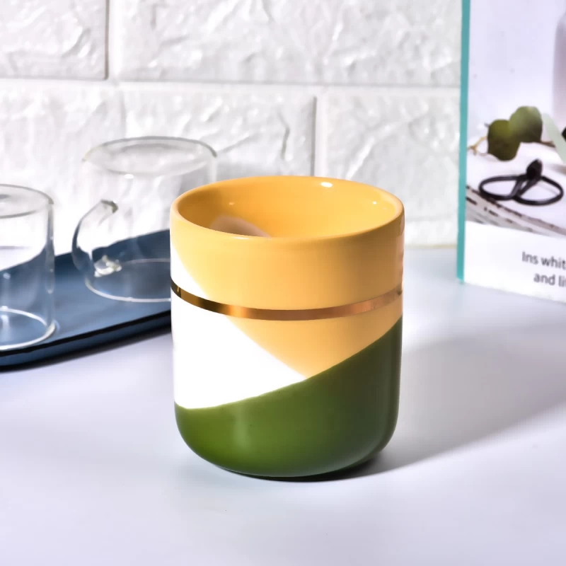 定制豪华金环黄绿色波浪图案空陶瓷蜡烛罐