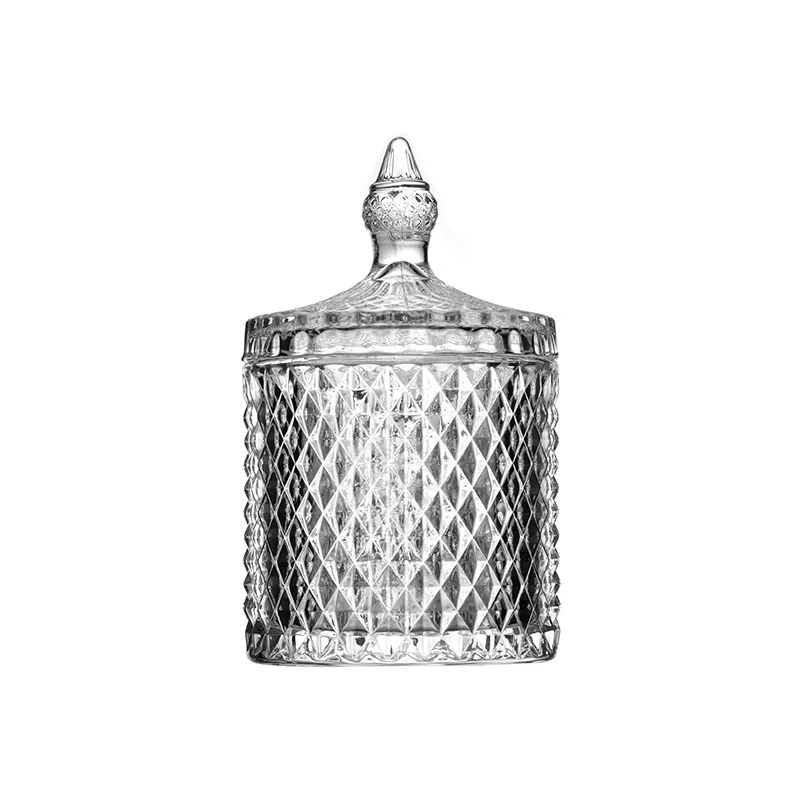China Custom diamond-shaped embossed glass candle holder with lighthouse lid manufacturer