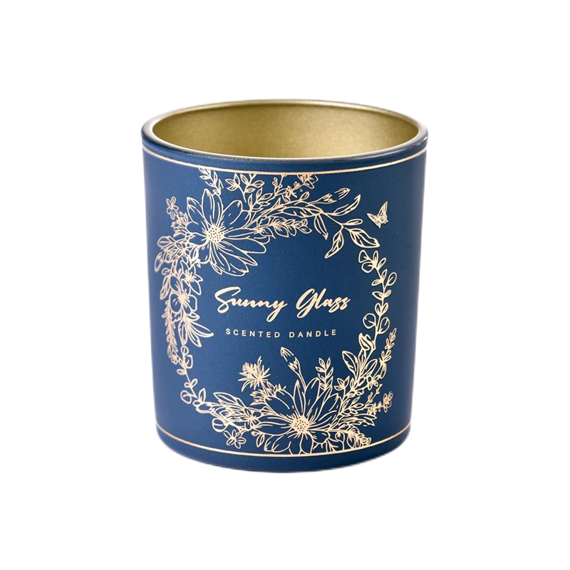 Wholesale empty dark blue applique glass candle jar