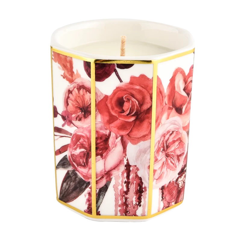 Decalcomania ottagonale personalizzata all'ingrosso di un barattolo di candela in ceramica con rose rosse
