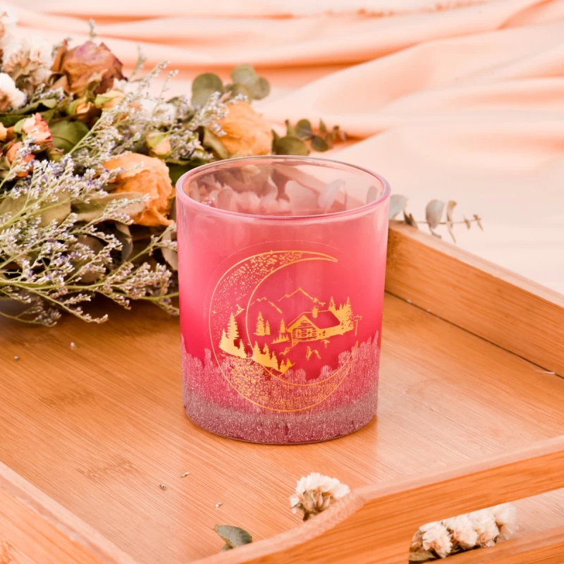 Fornitori all'ingrosso vasetti di candele in vetro rosso sfumato con applique natalizie a mano