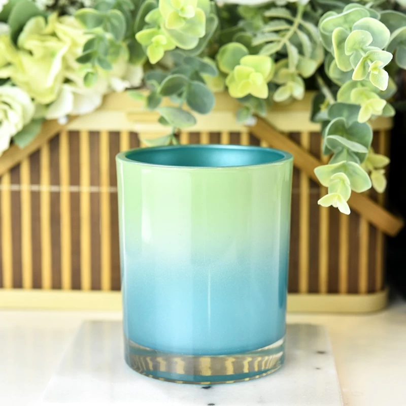 Wholesale Straight Edge Glass Candle Container Cyan Gradient Green