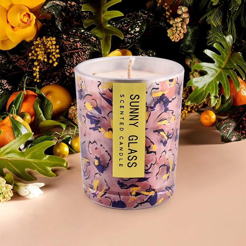 Wholesale 10.7oz uu floral paper glass pattern glass candle jar