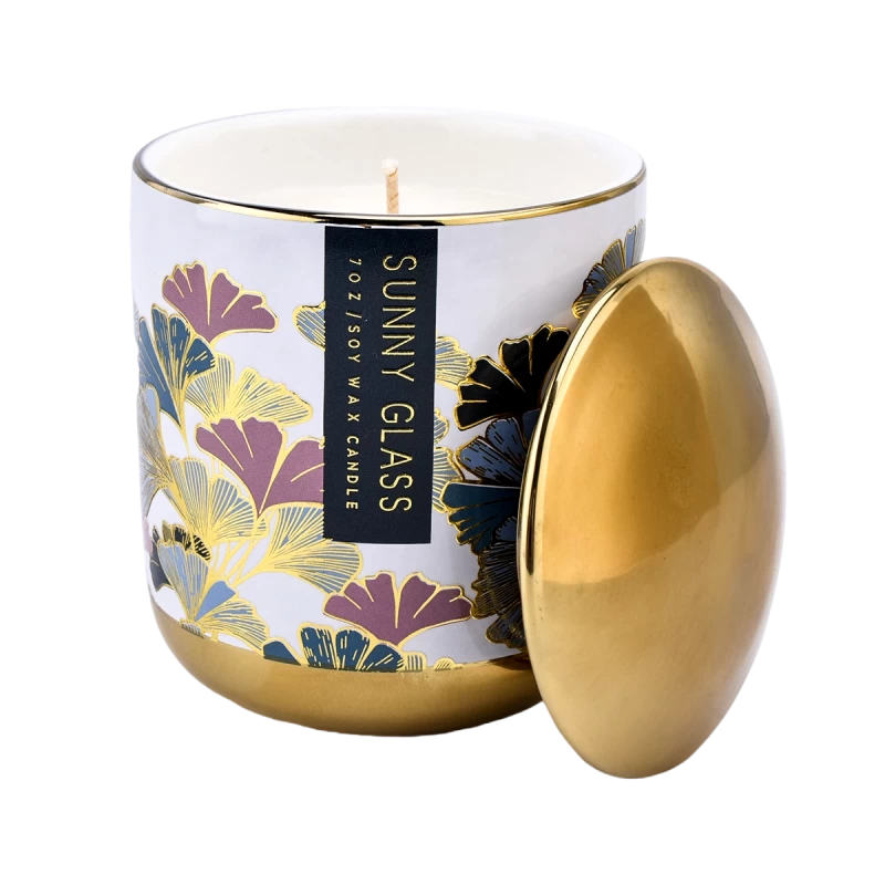 Candelero de cerámica con tapa, etiqueta engomada caliente del oro de la flor azul del ginkgo al por mayor