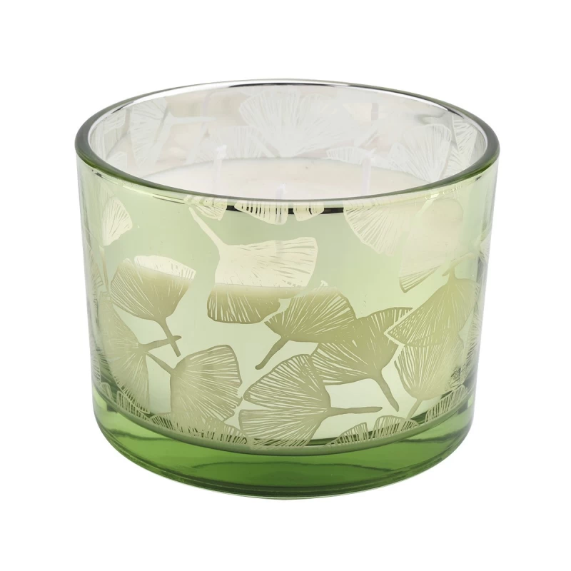 Barattolo di candela in vetro grande con motivo a foglia di loto verde a bocca larga da 500 ml all'ingrosso
