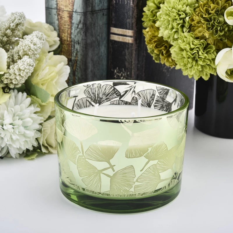 Pakyawan 500ml malawak na bibig berde pattern ng dahon ng lotus malaking glass candle jar