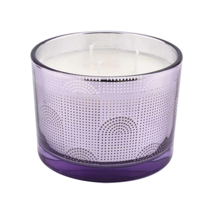 Kundenspezifisches 500-ml-Kerzenglas aus Glas mit drei Kernen, violettem Tupfenmuster und geometrischem Design
