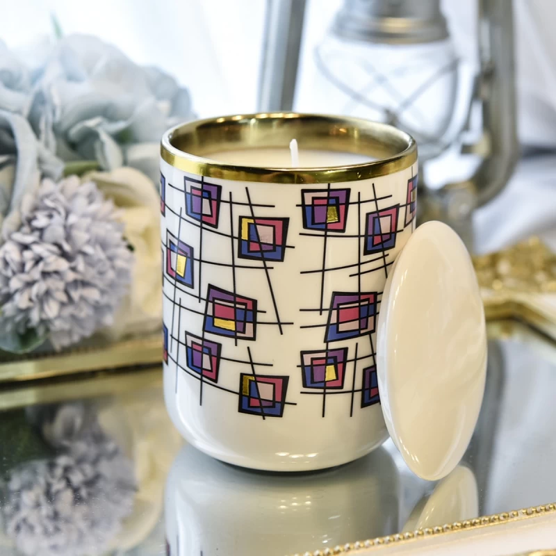 现代定制蓝粉玫红色块金边陶瓷蜡烛罐带盖用于蜡烛制作